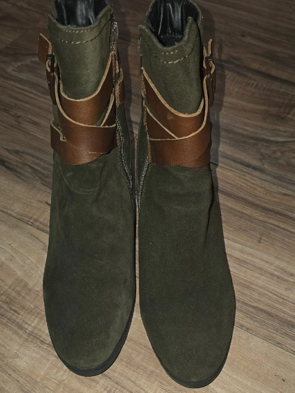 Skechers Women's Suede Ankle Boots with Olive Color Brown Wrap Strap
